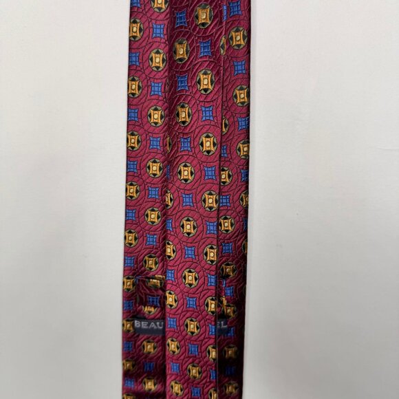 Vtg Beau Brummel SOHO Men’s Neck Tie 3 ½” Maroon Blue Gold Geometric 100% Silk - Picture 6 of 11